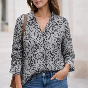 JM Collection Gray with Floral Pattern Linen Blouse - Size‎ 10